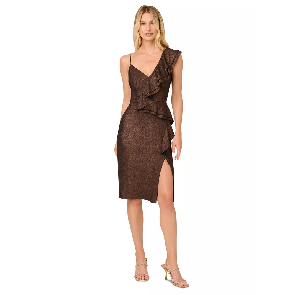 Adrianna Papell Women's Brown Metallic Ruffled V-Neck Dress Size 10, MSRP: 195$